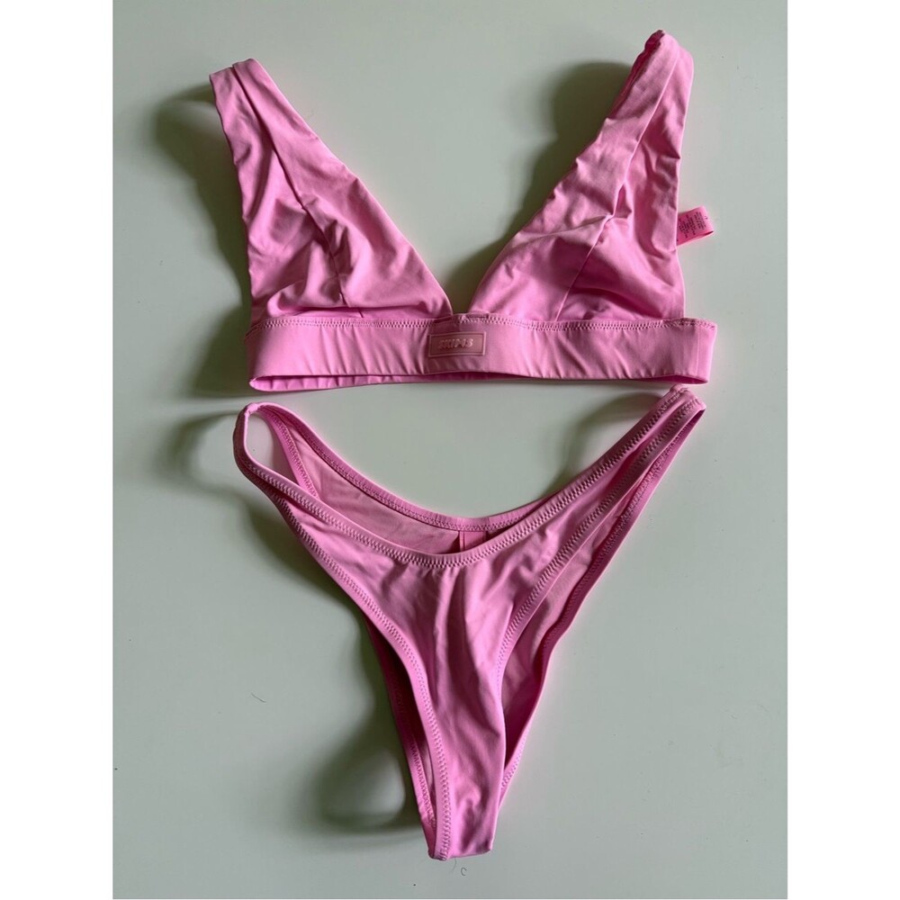 SKIMS Signature Swim Plunge Bikini Top & High Waist Bottom Set - Pink - Small